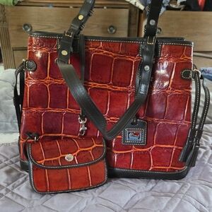 Dooney & Bourke Red and Black Croc-Embossed Tote and Pouch